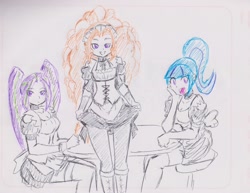 Size: 2774x2141 | Tagged: safe, artist:orochivanus, adagio dazzle, aria blaze, sonata dusk, equestria girls, clothes, maid, simple background, the dazzlings, traditional art, waitress