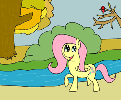 Size: 966x796 | Tagged: safe, artist:amateur-draw, fluttershy, bird, pegasus, pony, forest, ms paint, river, solo, stream, tree, water