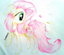 Size: 2048x1738 | Tagged: safe, artist:liaaqila, fluttershy, butterfly, pegasus, pony, female, flower, flower in tail, folded wings, head turn, looking at something, looking back, mare, marker drawing, open mouth, profile, raised hoof, solo, traditional art