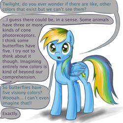 Size: 500x500 | Tagged: safe, artist:ohthatandy, derpibooru import, rainbow dash, pegasus, pony, comic:ask mentally advanced twilight, color blindness, dialogue, exposition, offscreen character