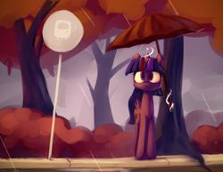 Size: 4892x3782 | Tagged: safe, artist:bloodatius, twilight sparkle, twilight sparkle (alicorn), alicorn, pony, absurd resolution, bus stop, crossover, female, magic, mare, my neighbor totoro, rain, scene interpretation, sidewalk, sign, solo, tree, umbrella