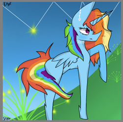 Size: 828x822 | Tagged: safe, artist:kittycatrittycat, derpibooru import, rainbow dash, alicorn, alicornified, big ears, choker, ear piercing, earring, female, folded wings, impossibly large ears, jewelry, lipstick, mascara, missing cutie mark, piercing, plant, race swap, rainbow dash always dresses in style, rainbowcorn, solo, test, wings