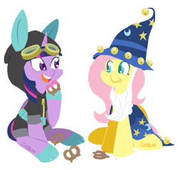 Size: 1000x956 | Tagged: safe, artist:coggler, derpibooru import, fluttershy, star swirl the bearded, twilight sparkle, twilight sparkle (alicorn), alicorn, pegasus, pony, bunny ears, clothes, clothes swap, costume, dangerous mission outfit, eating, female, goggles, hoodie, mare, pretzel, pretzel coordination, simple background, smiling, transparent background