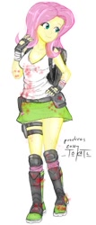 Size: 374x873 | Tagged: safe, artist:tokatl, fluttershy, zombie, equestria girls, alternate universe, backpack, boots, clothes, looking away, miniskirt, simple background, skirt, socks, solo, white background, zombie apocalypse