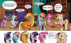 Size: 800x490 | Tagged: safe, derpibooru import, idw, applejack, fluttershy, pinkie pie, rainbow dash, rarity, twilight sparkle, twilight sparkle (alicorn), alicorn, earth pony, pegasus, pony, unicorn, bitch i'm fabulous, catchphrase, exploitable meme, eyes closed, hit 'em with the corn!, jean-paul heaven, mane 6 interests, mane six, meme, obligatory pony, panty and stocking with garterbelt, reference, reference used, smiling, supermariologan, the electric company, vulgar, yoo-hoo