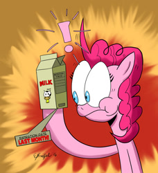 Size: 1024x1124 | Tagged: safe, artist:cartoon-eric, pinkie pie, earth pony, pony, exclamation point, milk, solo, voice actor joke