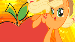 Size: 2560x1440 | Tagged: safe, derpibooru import, applejack, earth pony, pony, abstract background, apple, applejack month, female, food, mare, netflix, official, official art, wallpaper