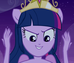 Size: 840x720 | Tagged: safe, screencap, twilight sparkle, twilight sparkle (alicorn), alicorn, equestria girls, >:), >:d, cropped, element of magic, evil grin, glare, grin, ponied up, pure unfiltered evil, raised eyebrow, smirk, solo