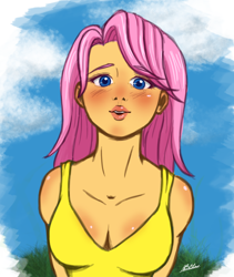 Size: 1080x1280 | Tagged: safe, artist:misssillybetty, fluttershy, human, blushing, breasts, cleavage, clothes, female, humanized, looking at you, solo, tanktop