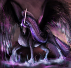 Size: 4200x3982 | Tagged: safe, artist:carl-mcintyre, derpibooru import, twilight sparkle, twilight sparkle (alicorn), alicorn, pony, absurd resolution, female, glowing eyes, looking at you, magic, mare, realistic, solo, spread wings