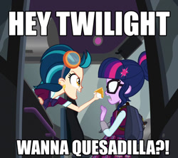 Size: 797x709 | Tagged: safe, edit, edited screencap, screencap, indigo zap, sci-twi, twilight sparkle, equestria girls, clothes, crystal prep academy uniform, food, glasses, meme, pure unfiltered evil, quesadilla, scared, school uniform, they're just so cheesy