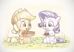 Size: 1440x1018 | Tagged: safe, artist:assasinmonkey, part of a set, applejack, rarity, earth pony, pony, unicorn, apples & gems calendar, chibi, female, food, lesbian, pie, rarijack, shipping