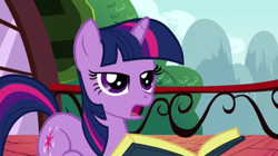 Size: 480x268 | Tagged: safe, derpibooru import, screencap, twilight sparkle, unicorn twilight, unicorn, applebuck season, book, solo, twilight is not amused, unamused