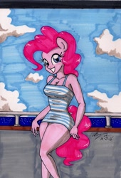 Size: 1292x1903 | Tagged: safe, artist:newyorkx3, pinkie pie, anthro, breasts, cleavage, clothes, cruise ship, dress, female, looking at you, solo, traditional art