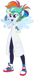 Size: 419x900 | Tagged: safe, artist:sapphiregamgee, derpibooru import, rainbow dash, equestria girls, clothes, goggles, lab coat, ponied up, science, simple background, solo, transparent background