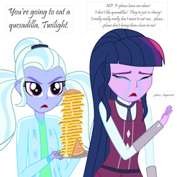 Size: 3188x3188 | Tagged: safe, derpibooru exclusive, sci-twi, sugarcoat, twilight sparkle, equestria girls, clothes, crying, crystal prep academy uniform, food, pure unfiltered evil, quesadilla, school uniform, they're just so cheesy