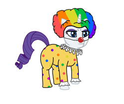 Size: 800x670 | Tagged: safe, artist:paw-of-darkness, rarity, pony, unicorn, clothes, clown, clown nose, clown outfit, clownity, costume, not fabulous, rainbow wig, rarity is not amused, ruff (clothing), silly, unamused, unhappy