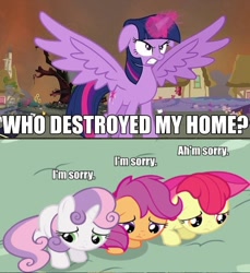 Size: 638x696 | Tagged: safe, derpibooru import, apple bloom, scootaloo, sweetie belle, twilight sparkle, twilight sparkle (alicorn), alicorn, pony, cutie mark crusaders, exploitable meme, female, imminent spanking, mare, meme, sad, sorry, who destroyed twilight's home