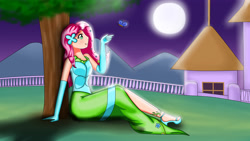 Size: 4160x2340 | Tagged: safe, artist:focusb, fluttershy, butterfly, human, absurd resolution, clothes, dress, evening gloves, fanart, gala dress, gloves, humanized, moon, night, scenery