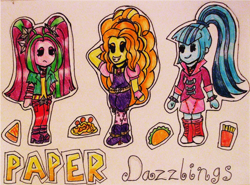 Size: 1292x954 | Tagged: safe, artist:blazingdazzlingdusk, adagio dazzle, aria blaze, sonata dusk, equestria girls, rainbow rocks, drawing, food, french fries, paper mario, parody, pasta, pizza, spaghetti, style emulation, taco, the dazzlings, traditional art