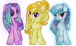 Size: 1024x618 | Tagged: safe, artist:digiradiance, artist:lekelbel, adagio dazzle, aria blaze, sonata dusk, galaxy, ponified, simple background, the dazzlings, transparent background, vector