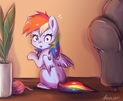 Size: 2200x1800 | Tagged: safe, artist:buttersprinkle, derpibooru import, rainbow dash, pegasus, pony, behaving like a cat, cute, dashabetes, looking at you, looking back, potted plant, rainbow cat, sofa, solo, surprised, tongue out, yarn, yarn ball