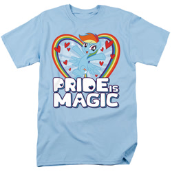 Size: 1000x1000 | Tagged: safe, derpibooru import, rainbow dash, pegasus, pony, brony pride, clothes, cute, dashabetes, female, flying, gay pride, heart, mare, merchandise, official, open mouth, popfunk, pride, rainbow, shirt, simple background, solo, t-shirt, white background