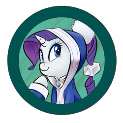 Size: 375x375 | Tagged: safe, artist:jessy, rarity, pony, unicorn, abstract background, bust, button, clothes, female, mare, smiling, solo