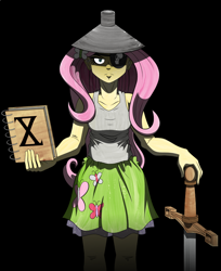 Size: 798x980 | Tagged: safe, artist:pedantczepialski, fluttershy, equestria girls, alternate universe, book, equestria girls: the parody series, eyepatch, funnel, looking at you, solo, sword, weapon