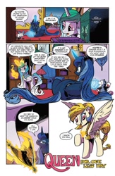 Size: 995x1529 | Tagged: safe, artist:andypriceart, idw, golden feather, princess celestia, princess luna, queen chrysalis, tiberius, alicorn, changeling, changeling queen, opossum, pegasus, pony, spoiler:comic, spoiler:comic65, comic, disguise, female, magic, mare, official comic, playing card, ponyloaf, preview, raised hoof, sarcasm, speech bubble, telekinesis