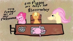 Size: 1200x675 | Tagged: safe, artist:bonesoup, applejack, fluttershy, pinkie pie, earth pony, pegasus, pig, pony, comic:the tales of canterlot, comic, middle english, ponies eating meat, stylistic suck