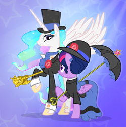 Size: 1100x1103 | Tagged: safe, artist:pixelkitties, princess celestia, twilight sparkle, twilight sparkle (alicorn), alicorn, pony, duo, female, scepter, twilight scepter, umbrella