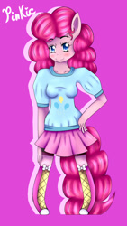 Size: 791x1406 | Tagged: safe, artist:missmeower, pinkie pie, anthro, boots, clothes, compression shorts, cute, shorts, skirt, solo