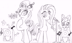 Size: 13056x7824 | Tagged: safe, artist:tay-houby, apple bloom, fluttershy, rarity, pegasus, pony, unicorn, absurd resolution, karaoke, microphone, singing