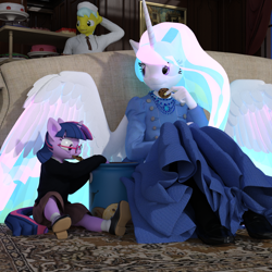 Size: 1800x1800 | Tagged: safe, artist:tahublade7, princess celestia, twilight sparkle, oc, anthro, 3d, clothes, cookie, cookie jar, cookie monster, cute, daz studio, dress, female, filly, filly twilight sparkle, food, glasses, mary janes, sesame street, skirt, socks, sweater, younger