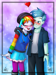 Size: 2500x3333 | Tagged: safe, artist:fadlihalimns, derpibooru import, rainbow dash, oc, equestria girls, beanie, blushing, canon x oc, cheek to cheek, clothes, ear piercing, earring, eyes closed, female, floating heart, hat, heart, hoodie, jewelry, male, one eye closed, open mouth, piercing, smiling, straight, watch, wristwatch