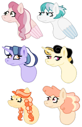 Size: 1100x1700 | Tagged: safe, artist:crownofslime, derpibooru import, applejack, fluttershy, pinkie pie, rainbow dash, rarity, twilight sparkle, earth pony, pegasus, pony, unicorn, alternate universe, braided pigtails, bust, female, freckles, mane six, portrait, redesign, short hair, simple background, transparent background