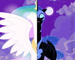 Size: 1024x819 | Tagged: safe, artist:neoncandies, nightmare moon, princess celestia, alicorn, pony, banishment, crying, duo, ethereal mane, female, glowing eyes, helmet, jewelry, mare, moon, regalia, spread wings, starry mane, starry night, teeth, two sides, wings