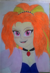 Size: 1042x1501 | Tagged: safe, artist:faad, adagio dazzle, equestria girls, antagonist, bust, eye, eyelashes, eyes, food, orange, pendant, portrait, smiling, solo