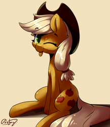 Size: 3483x4007 | Tagged: safe, artist:bloodatius, applejack, earth pony, pony, absurd resolution, cowboy hat, cute, female, hat, jackabetes, looking at you, mare, one eye closed, sitting, solo, stetson, tongue out, wink