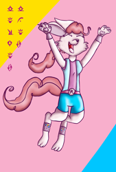 Size: 2756x4079 | Tagged: safe, artist:chiptunebrony, pinkie pie, oc, oc only, alien, accessories, anklet, arm bands, clothes, crossover, cute, cutie mark, eyes closed, font, happy, jumping, pi, qinnisian, runes, smiling, solo, species swap, symbols, the symnatrix chronicles