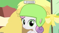 Size: 888x499 | Tagged: safe, edit, edited screencap, screencap, sweetie belle, the cart before the ponies, image macro, meme, murder, pure unfiltered evil, solo