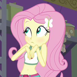 Size: 580x580 | Tagged: safe, edit, edited screencap, editor:ah96, screencap, fluttershy, equestria girls, legend of everfree, adorasexy, belly button, blushing, camp everfree outfits, clothes, cropped, cute, midriff, shyabetes, solo, sports bra