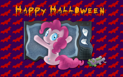 Size: 2560x1600 | Tagged: safe, artist:alicehumansacrifice0, artist:felix-kot, derpibooru import, edit, pinkie pie, earth pony, pony, halloween, happy halloween, holiday, spike plushie, television, text, vector, wallpaper, wallpaper edit