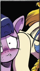 Size: 368x654 | Tagged: safe, artist:andypriceart, idw, golden feather, princess celestia, twilight sparkle, twilight sparkle (alicorn), alicorn, pony, spoiler:comic, spoiler:comic65, black background, blushing, cropped, disguise, duo, embarrassed, eyes closed, female, mare, official comic, out of context, simple background, whispering, you know for kids
