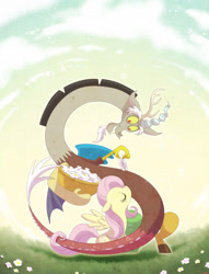 Size: 1300x1700 | Tagged: safe, artist:jgu112, discord, fluttershy, draconequus, pegasus, pony, basket, duo, flower, smiling, spread wings, wings