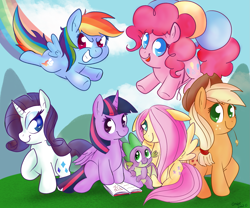 Size: 1623x1349 | Tagged: safe, artist:therainbowtroll, derpibooru import, applejack, fluttershy, pinkie pie, rainbow dash, rarity, spike, twilight sparkle, twilight sparkle (alicorn), alicorn, dragon, earth pony, pegasus, pony, unicorn, balloon, book, colored pupils, cute, female, floating, floppy ears, flying, looking at you, male, mane seven, mane six, mare, rainbow trail, sitting, smiling, straw in mouth, then watch her balloons lift her up to the sky, winged spike