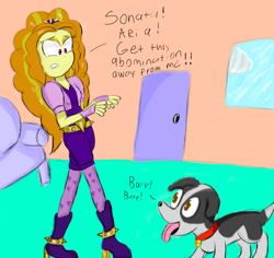 Size: 2229x2108 | Tagged: safe, artist:mildockart, adagio dazzle, aria blaze, sonata dusk, dog, equestria girls, door, requested art, scared, sofa