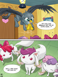 Size: 1171x1567 | Tagged: safe, artist:crimsonbugeye, apple bloom, gabby, scootaloo, sweetie belle, griffon, incubator (species), the fault in our cutie marks, colored pupils, comic, crossover, cute, cutie mark crusaders, deal with the devil, diasweetes, emotionless, gabbybetes, it's a trap, kyubey, puella magi madoka magica, pure unfiltered evil, species swap, this will end in tears and/or death, xk-class end-of-the-world scenario