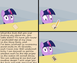 Size: 1010x830 | Tagged: safe, derpibooru import, twilight sparkle, comic, exploitable meme, letter, meme, navy seal copypasta, pencil, spilled milk, vulgar